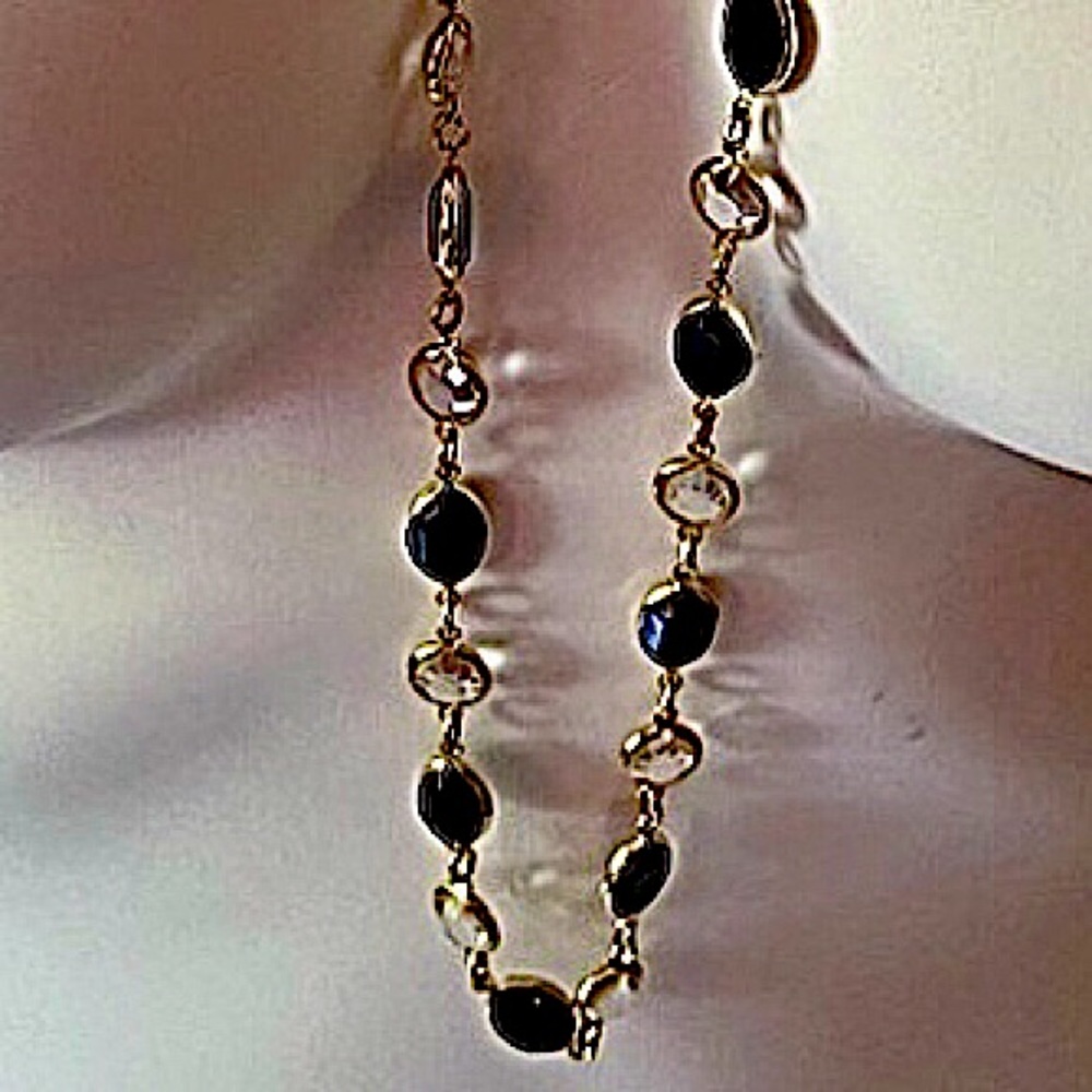 Black Clear Bezel Set Faceted Crystal Glass Chiclet Sautoir Vintage Necklace